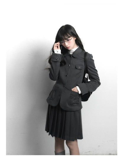 "Grey Finch" Gray Korean Preppy Suit Collection (Blazer / T-Shirt / Box Pleated Skirt)