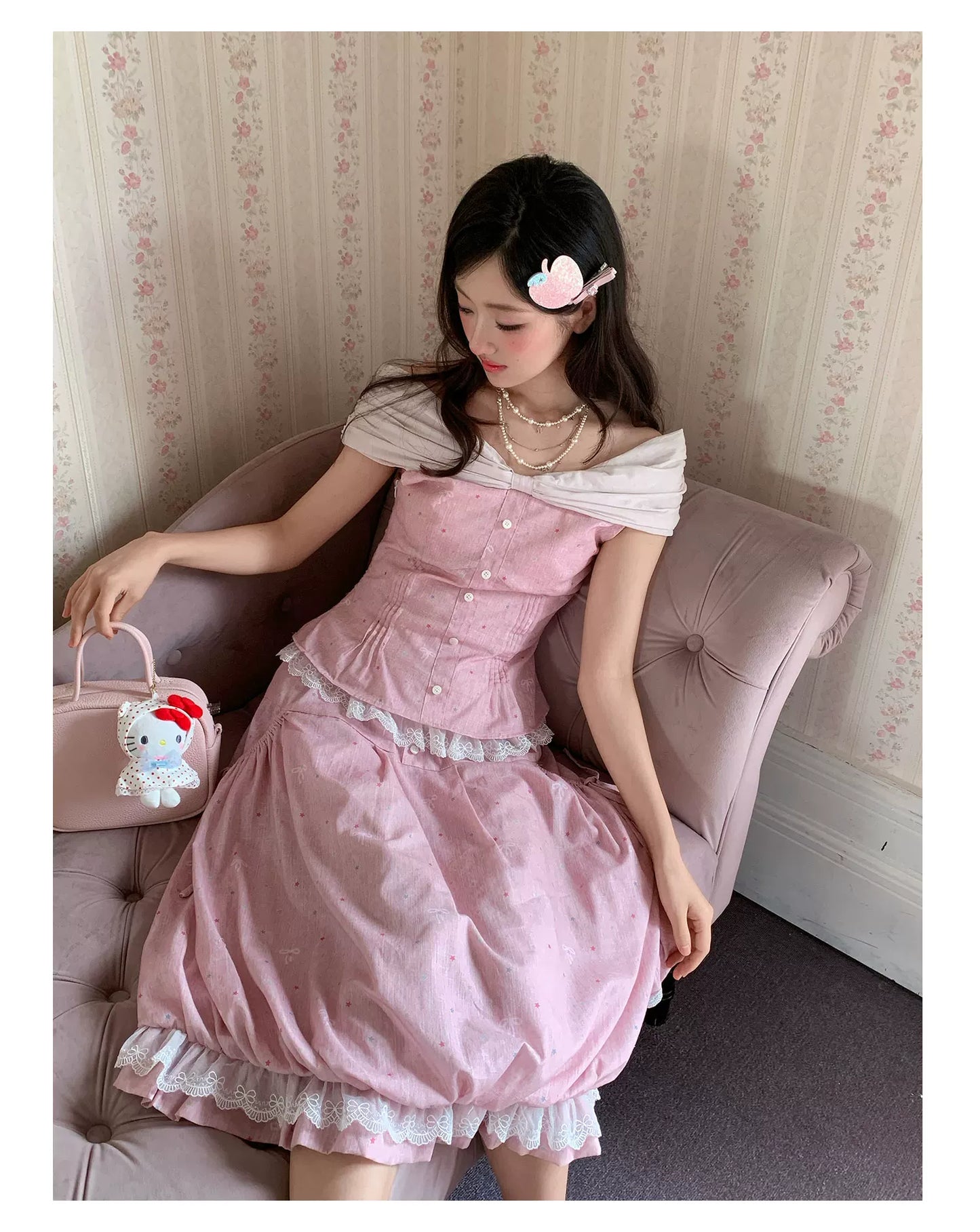 “Peach Mist Starlit Meadow” Pink Off-Shoulder Skirt Set