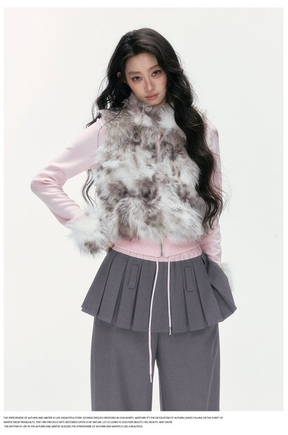 24olvides - Colorblock Faux Fur Jacket with Knit Sleeves