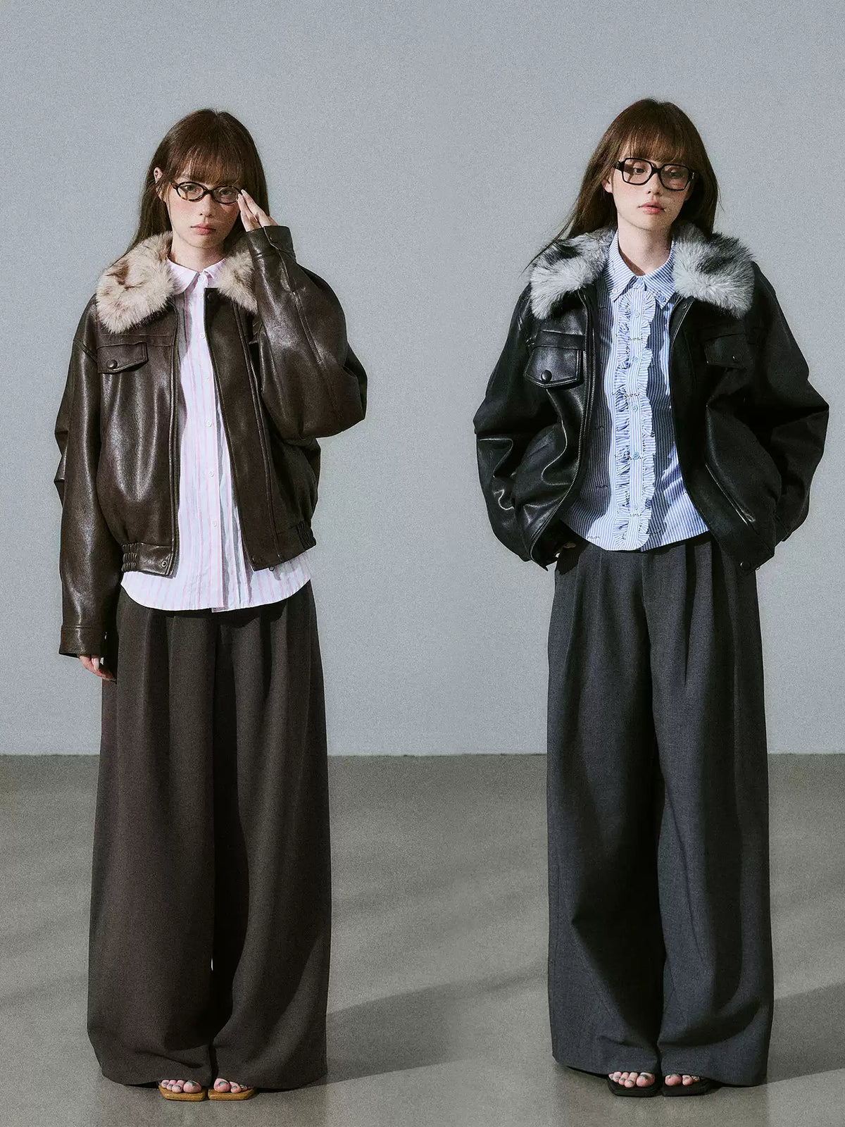 LOST FOREST - Black Faux Leather Moto Jacket with Plaid Wool Collar