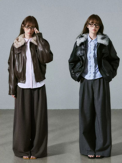 LOST FOREST - Black Faux Leather Moto Jacket with Plaid Wool Collar