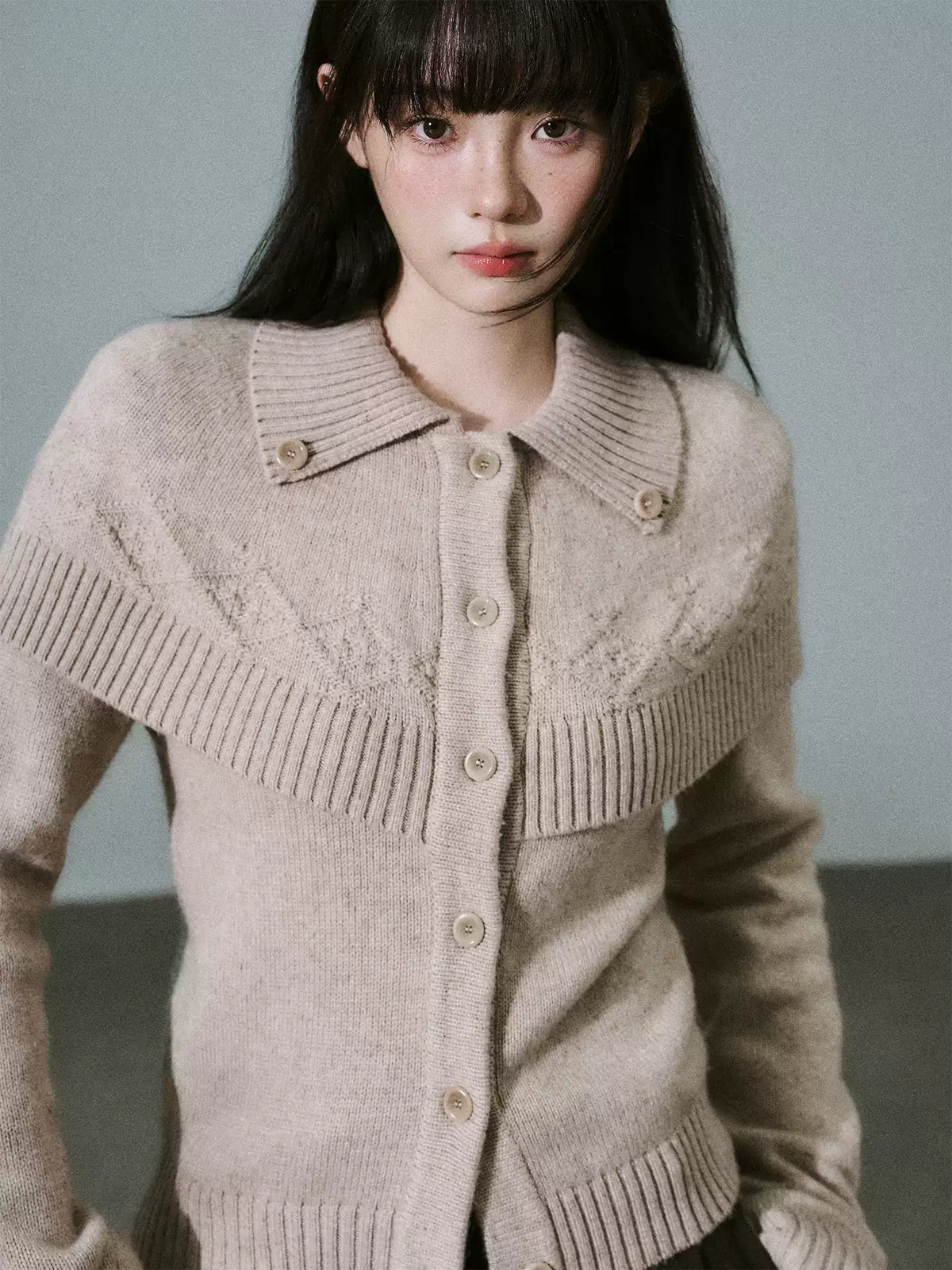 LOST FOREST - Mixed Beige Coffee Cashmere-Wool Cape Cardigan Sweater