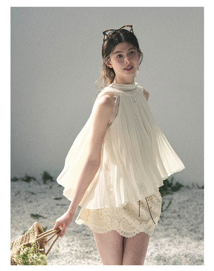 “Summer Light Through Pleats” Ivory Lace Pleated Halter Blouse
