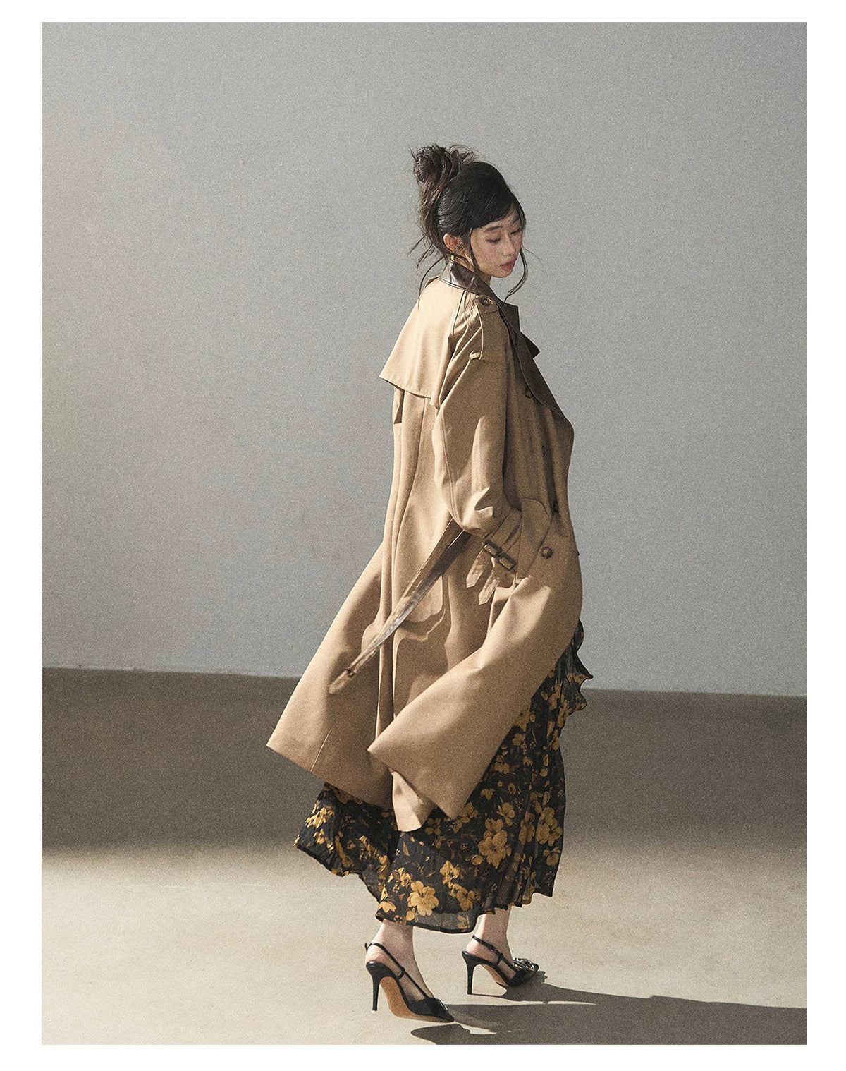 AOMALM - Chestnut Brown Long A-Line Trench Coat with Belt