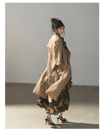 AOMALM - Chestnut Brown Long A-Line Trench Coat with Belt