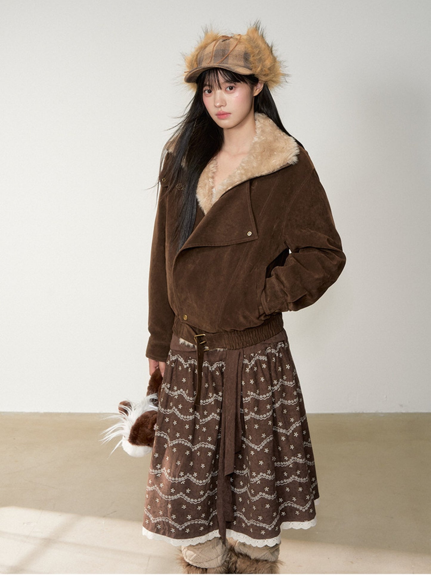 Soote Season - “Melard Mood” Retro Faux Suede Shearling-Trim Biker Jacket - Deep Roast Brown