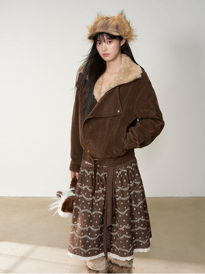 Soote Season - “Melard Mood” Retro Faux Suede Shearling-Trim Biker Jacket - Deep Roast Brown