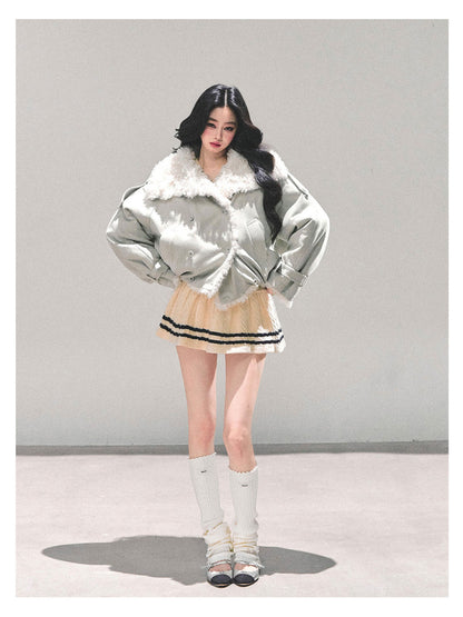 少也眼 "Velveted Winter" Cozy Shearling Fleece Jacket - Light Gray