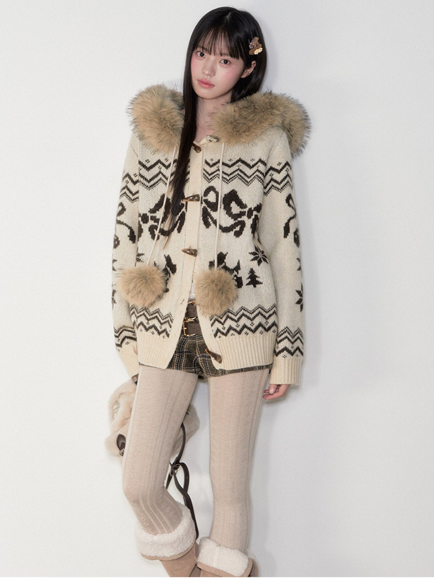 Soote Season - Fair Isle Cream Hooded Toggle Knit Jacket - Light Cream