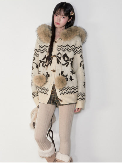 Soote Season - Fair Isle Cream Hooded Toggle Knit Jacket - Light Cream
