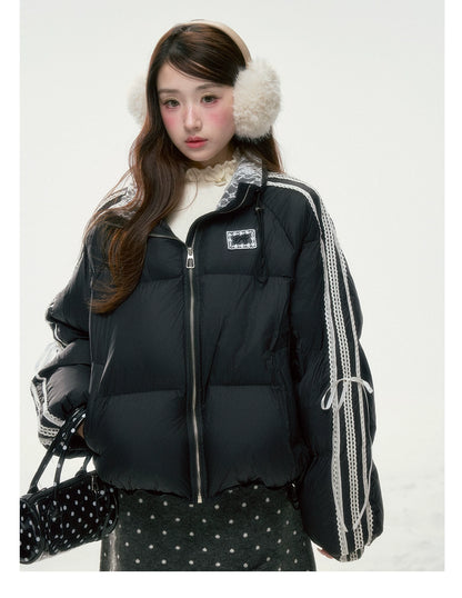 BIBIBENCY - Black Lace-Trimmed 90% White Duck Down Puffer Jacket