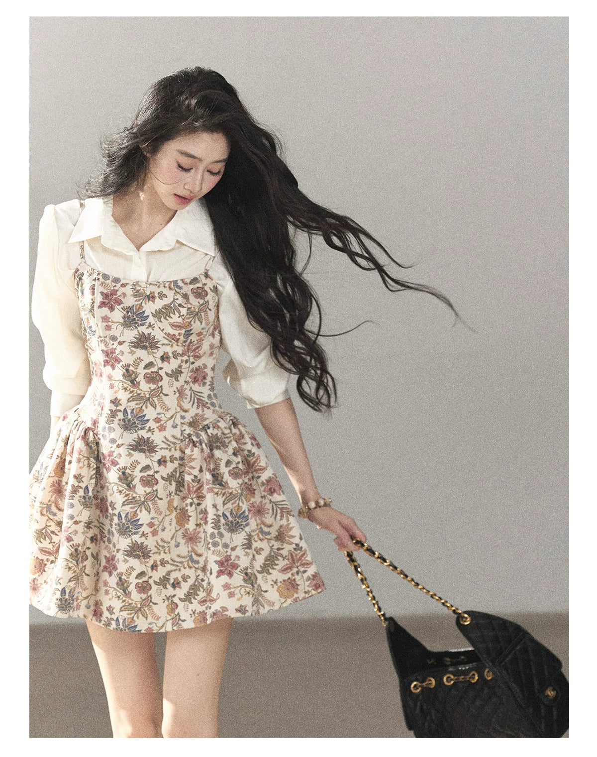 AOMALM - Dutch Cheese Floral Mini Dress & Creamy White Blouse Set