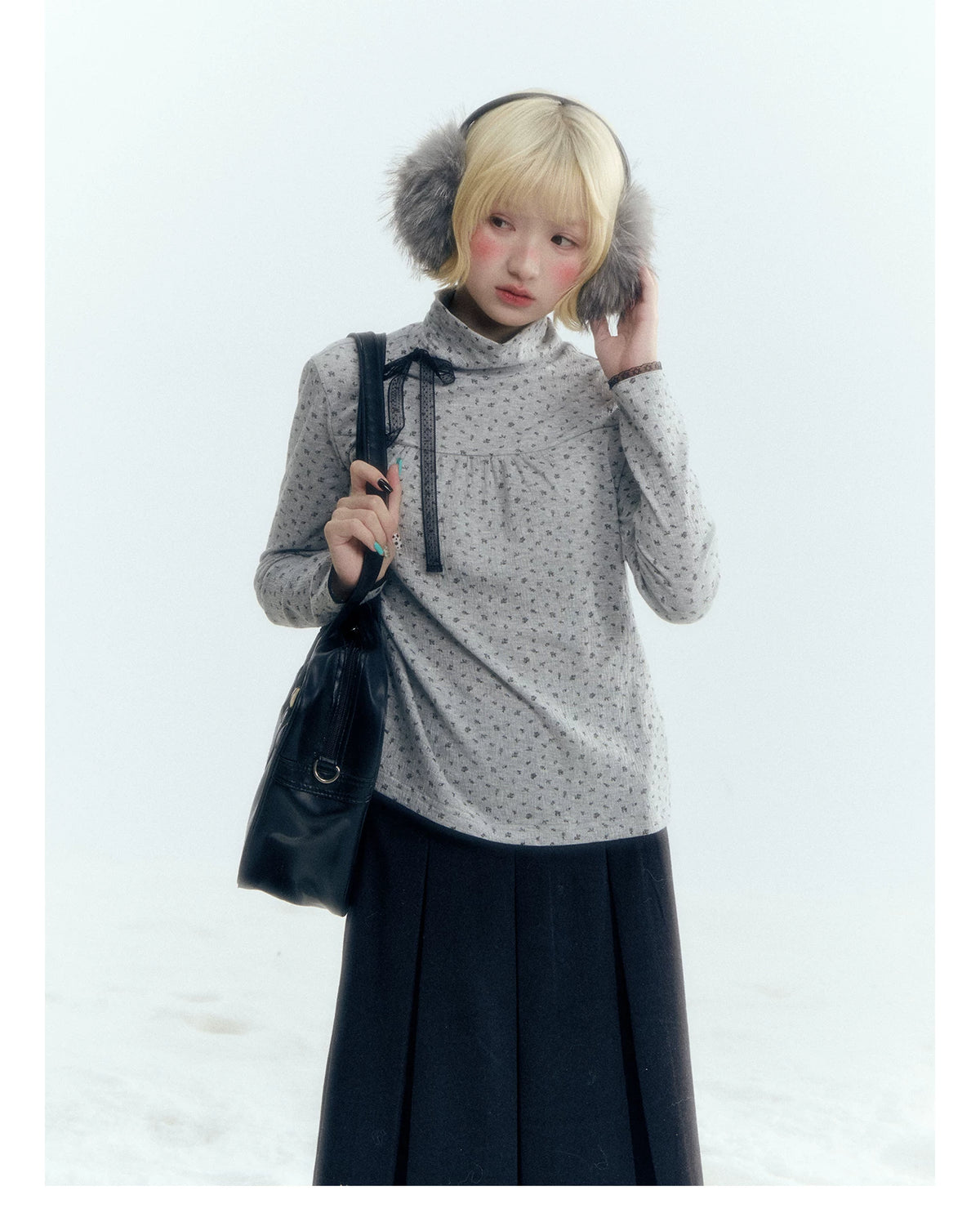 Floral Bow Lace-Tie Knit Top (Gray Floral / Light Khaki Beige)