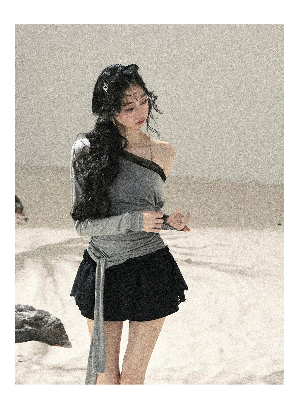 "Free Spirit" Moon Mist Gray Faux-Layer One-Shoulder Lace Top