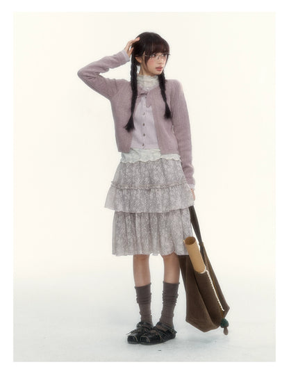 Korean Contrast Bow-Tie Layered Knit Cardigan (Blue / Purple)