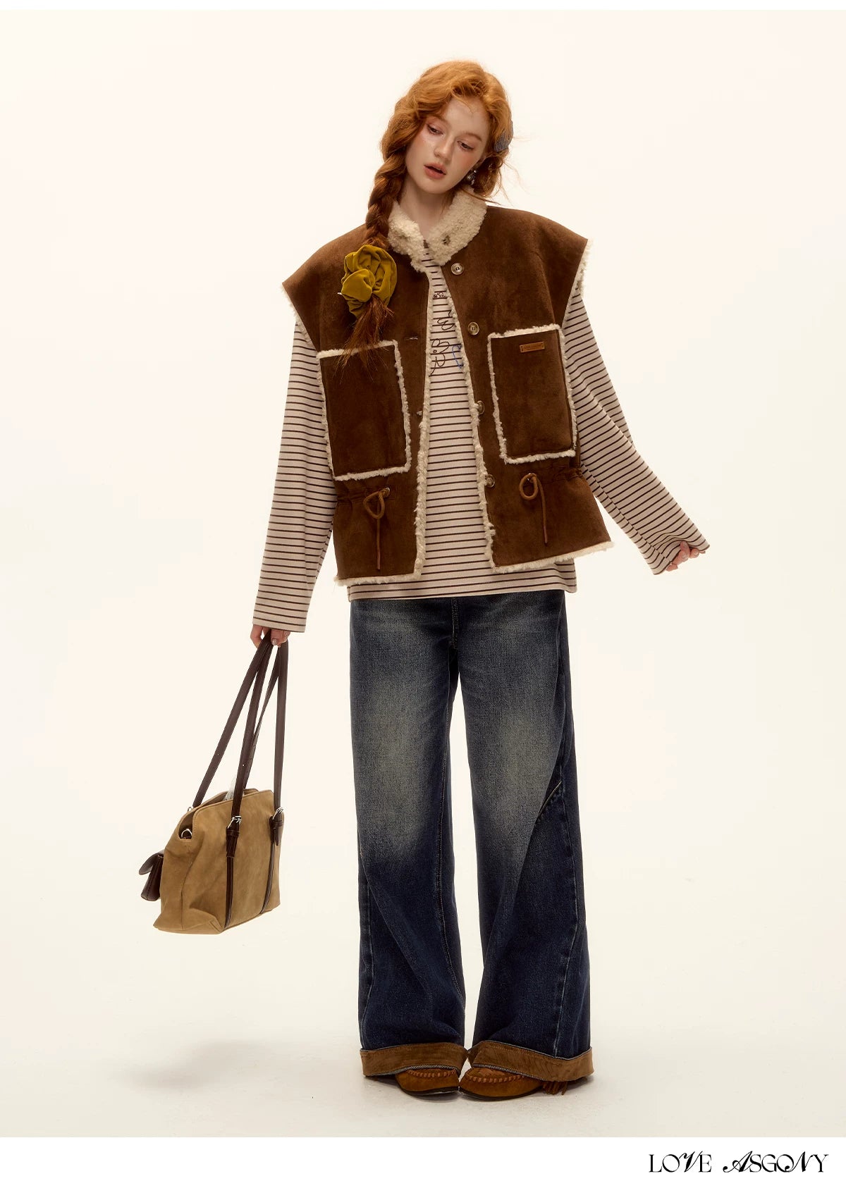 ASGONY - Brown Reversible Suede Faux Shearling Drawstring Vest