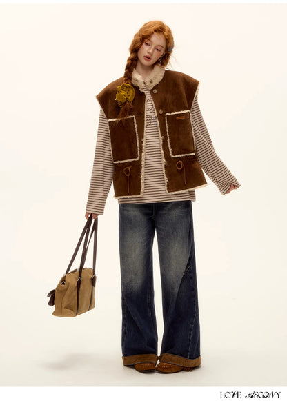 ASGONY - Brown Reversible Suede Faux Shearling Drawstring Vest