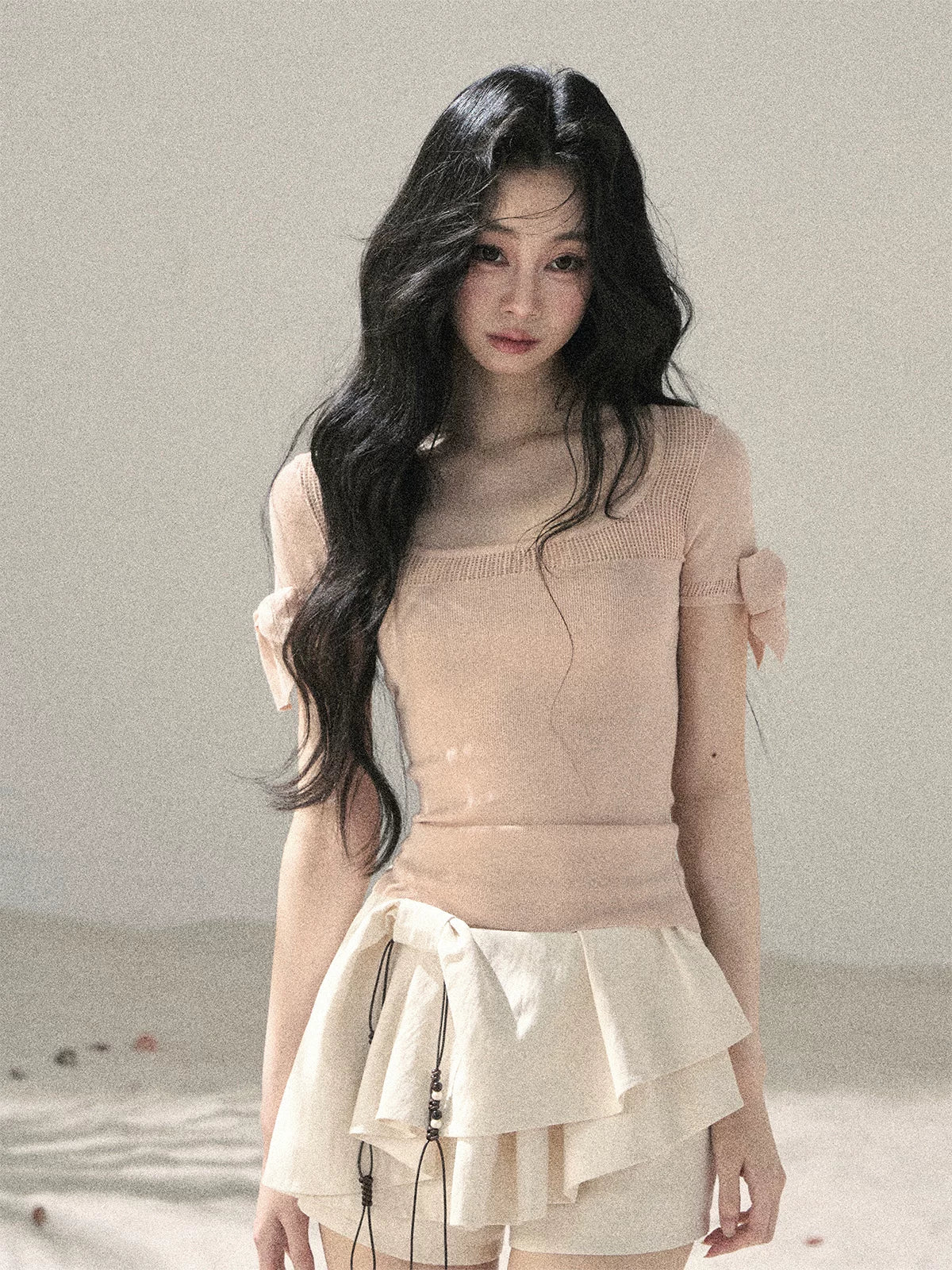 "Gentle Ocean Tide" Baby Pink Cutout Knit Crop Top 75511