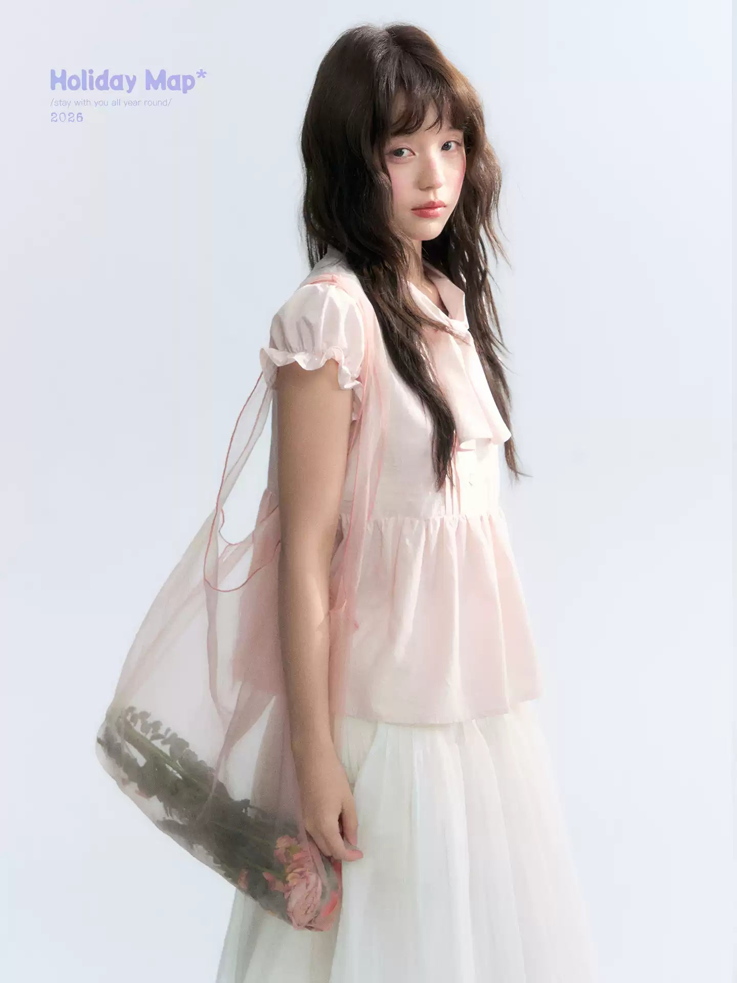 "Rosy Whisper" Dusty Pink Bow Embroidered Puff Sleeve Blouse