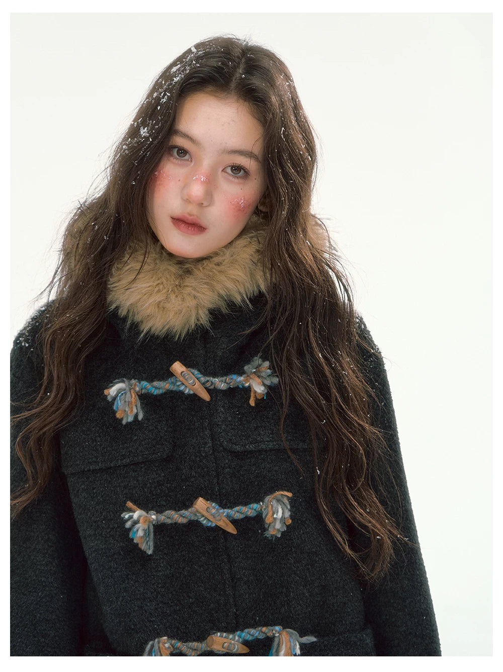 CANSTORE - "Winterland Journey" Black Hooded Wool-Blend Coat with Detachable Faux Fur Collar