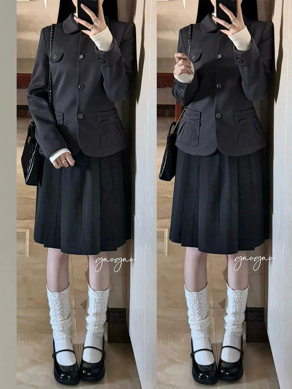 "Grey Finch" Gray Korean Preppy Suit Collection (Blazer / T-Shirt / Box Pleated Skirt)