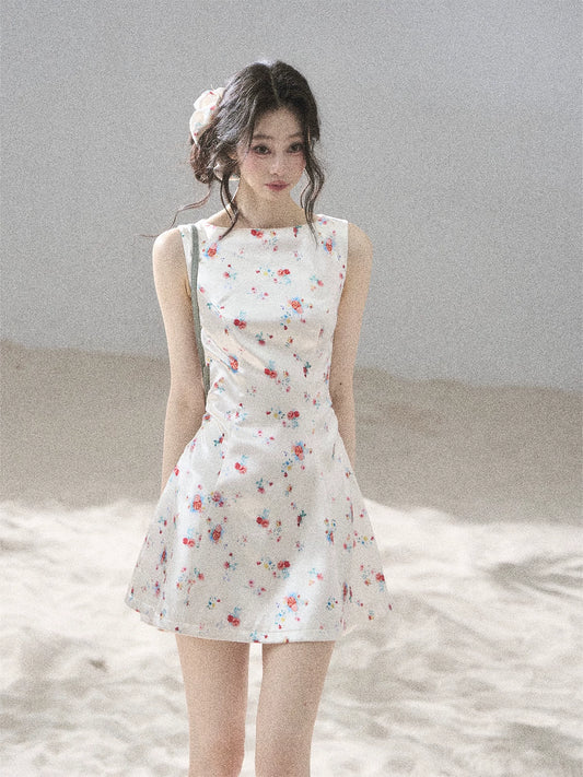 "Where Every Bloom Begins" Dutch Cream Floral Satin Puff Mini Dress (With Matching Scrunchie)