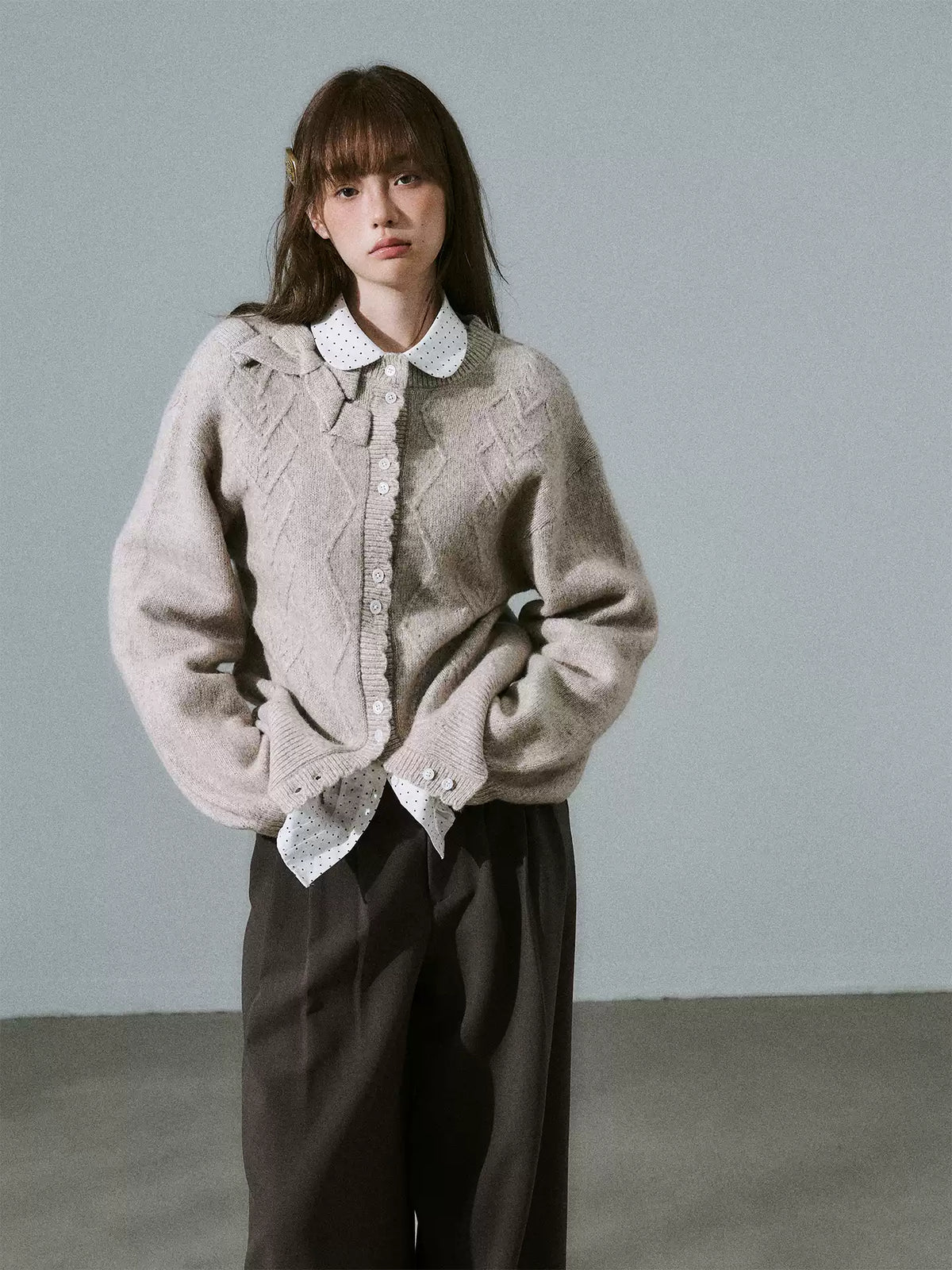 LOST FOREST - Flower Camel Wool Blend Bow Cardigan