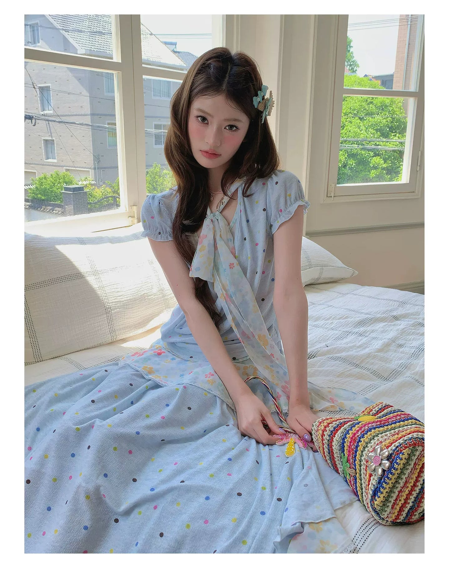 “Sea Salt Blossom Letter” Baby Blue Layered Skirt Set