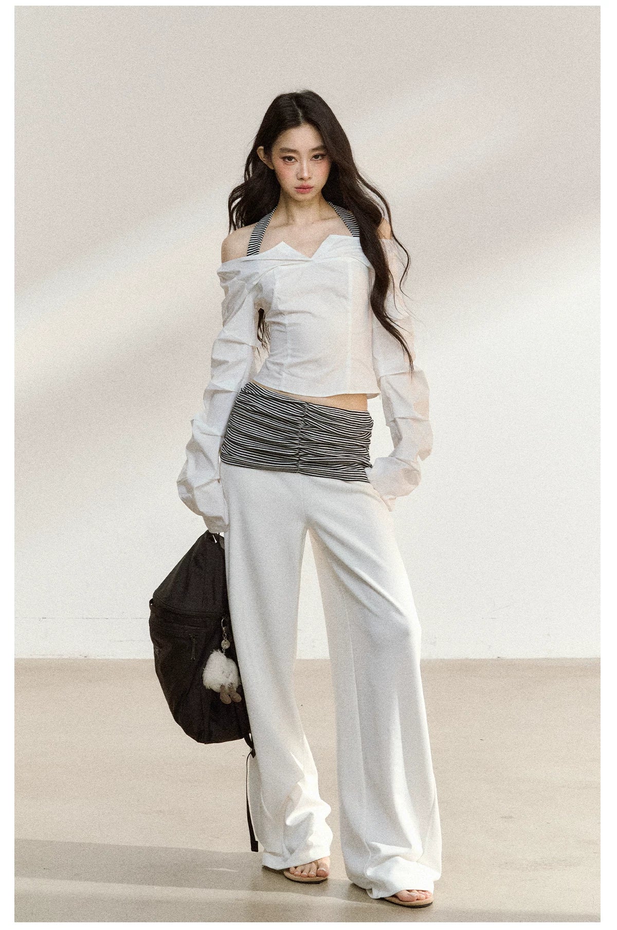 JN's DESIGN - White Wide-Leg Pants with Contrast Striped Waistband