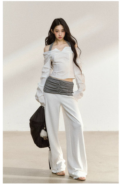 JN's DESIGN - White Wide-Leg Pants with Contrast Striped Waistband