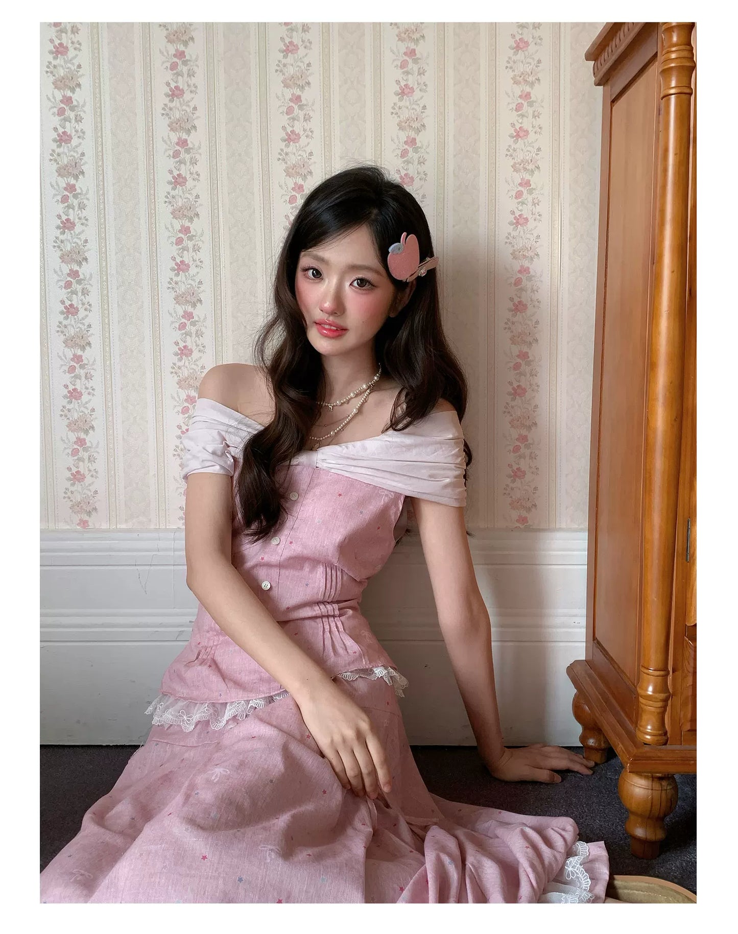 “Peach Mist Starlit Meadow” Pink Off-Shoulder Skirt Set