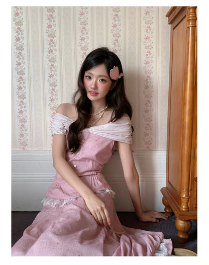 “Peach Mist Starlit Meadow” Pink Off-Shoulder Skirt Set