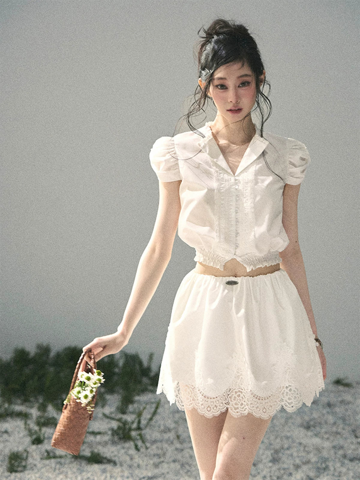 "Rose Petals in Secret" Cloud White Lace Two-Piece Skirt Set 142453