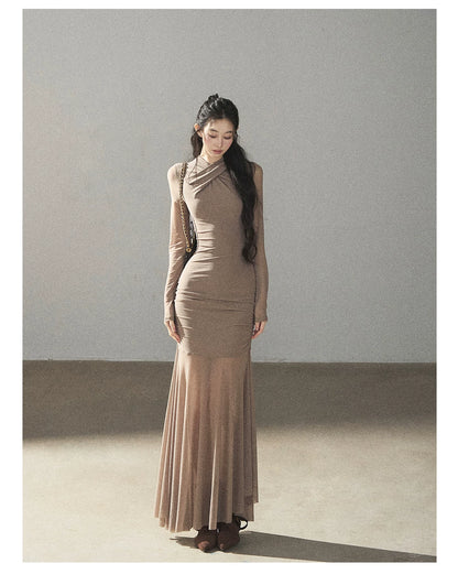 AOMALM - Milk Tea Ruched Mesh Mermaid Maxi Dress