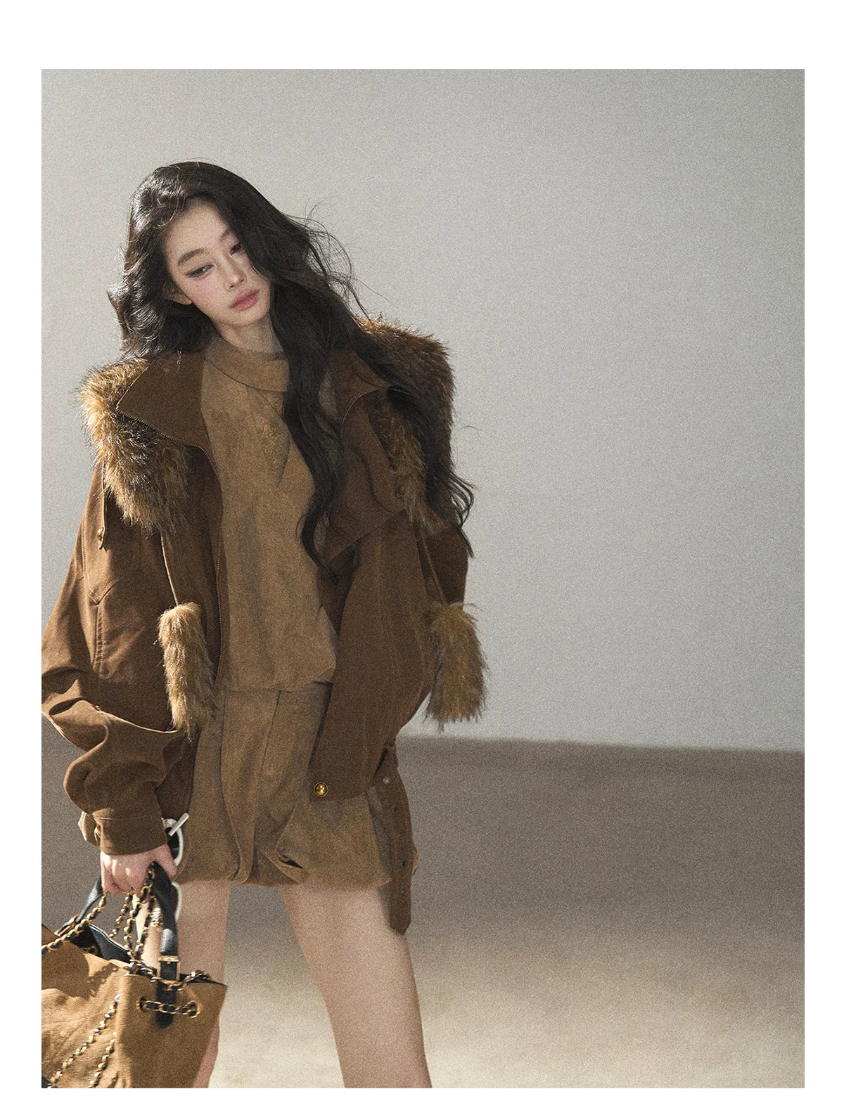 AOMALM - “Velvet Collar in the Evening Breeze” Chestnut Brown Faux Fur Shawl
