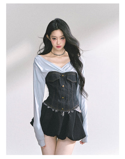 少也眼 "Northern Isle" V-Neck Denim Knit Crop Tee 4167864