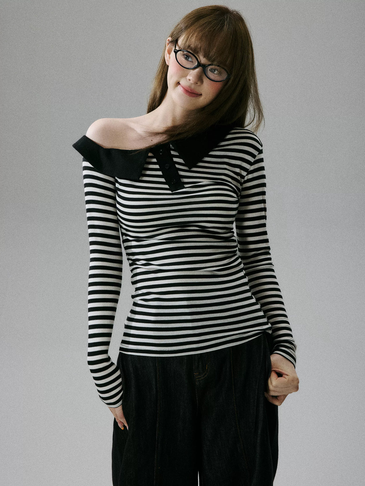 LOST FOREST - Striped Asymmetrical Lyocell-Wool Layering Top