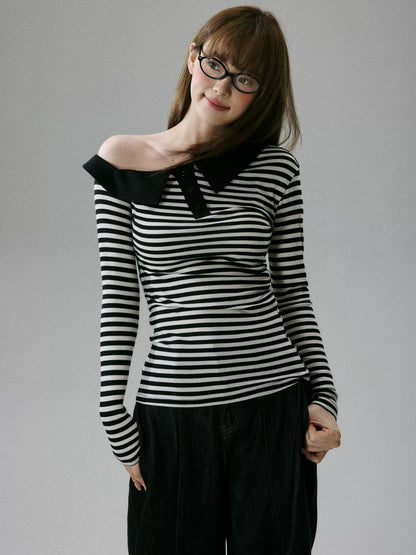 LOST FOREST - Striped Asymmetrical Lyocell-Wool Layering Top