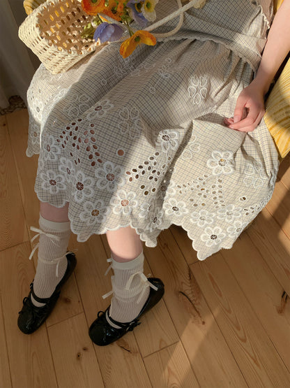 “Tea Garden Reverie” Light Apricot Plaid Embroidered Dress