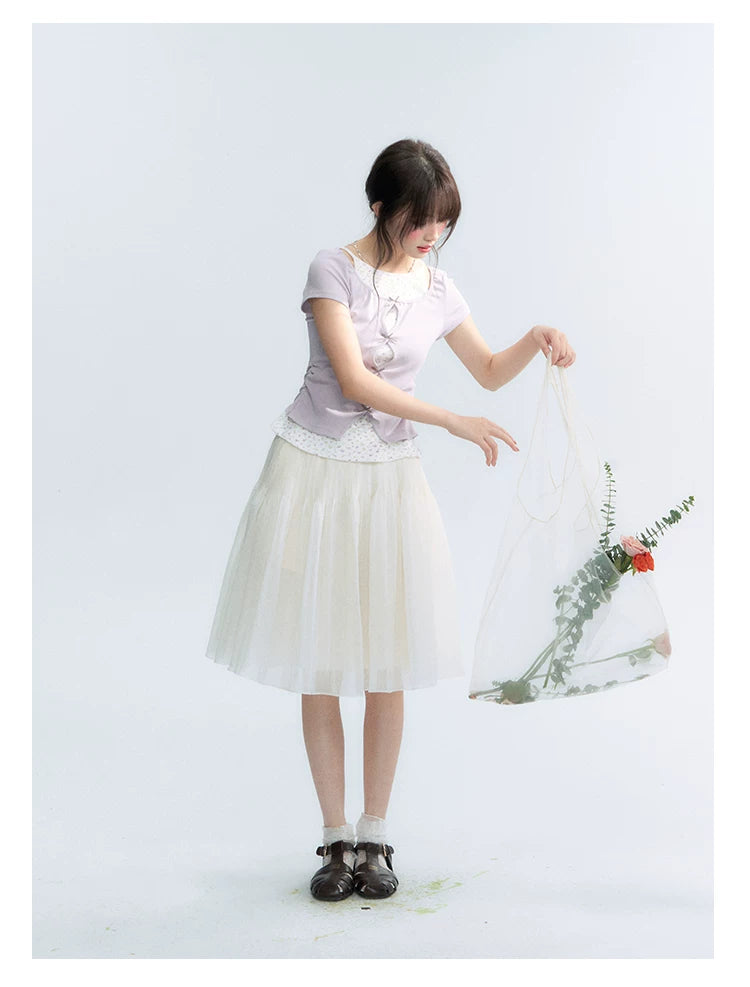 "Light Steps" Oat Apricot Pleated Lace Midi Skirt