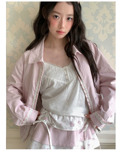 [RF] “Blush Meadow” White & Pink Floral Reversible Jacket and Mini Skirt Set