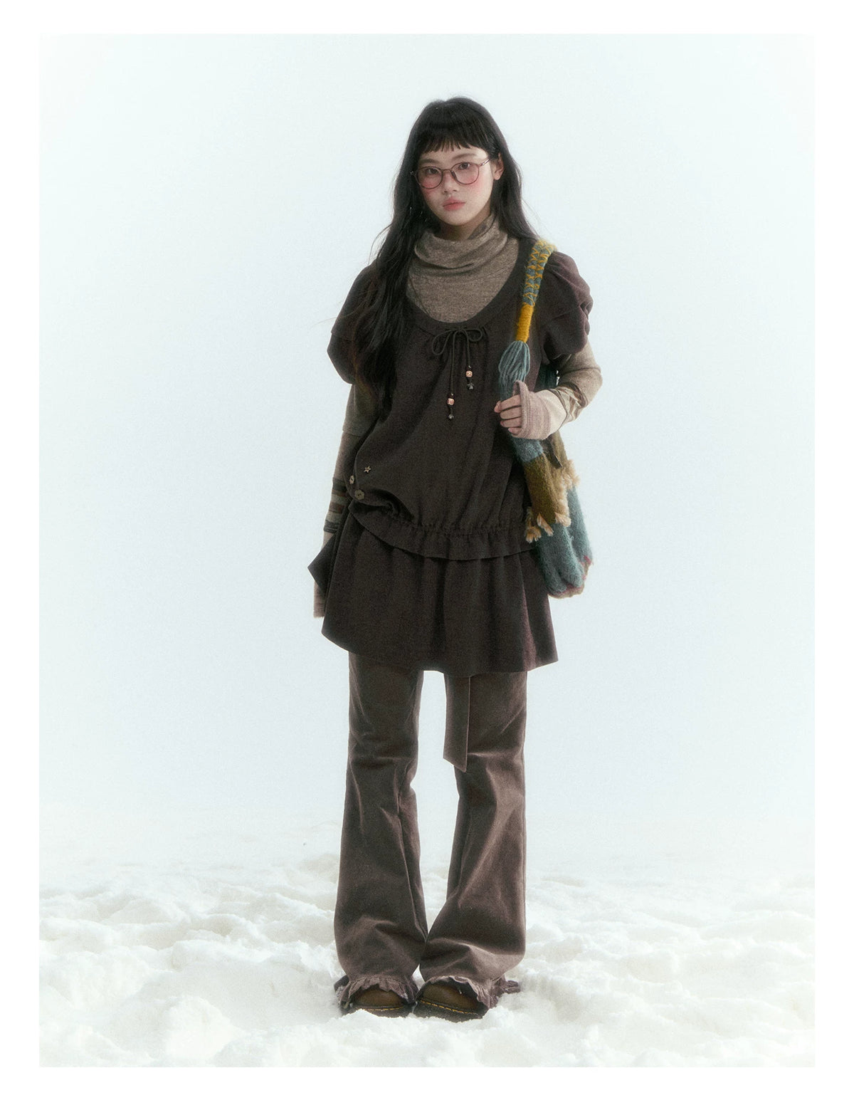 Horridale - Milk Tea Brown Floral Belt Corduroy Flare Pants