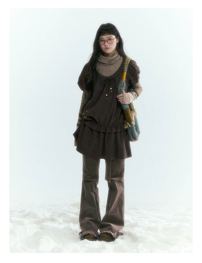 Horridale - Milk Tea Brown Floral Belt Corduroy Flare Pants