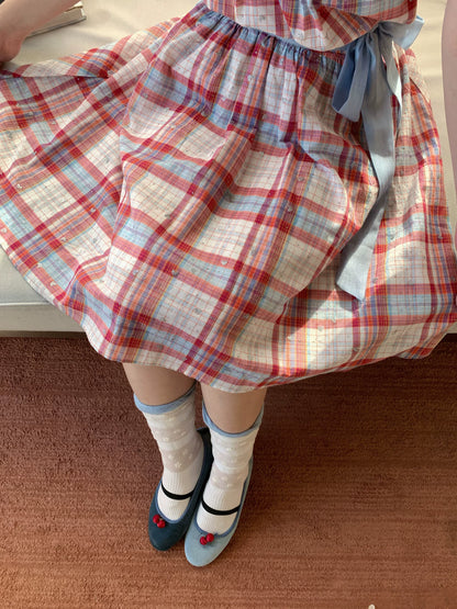 [RF] “Strawberry Soda” Vintage Plaid Cotton Midi Dress