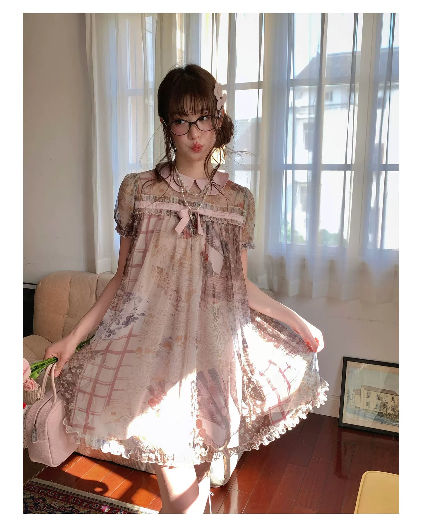 [RF] “Vintage Storybook” Light Brown Tea Patchwork Print Mini Dress