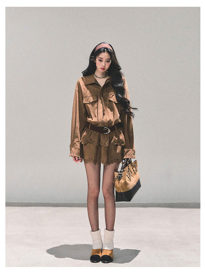 少也眼 "Rain on Wutong" – Brown Layered Dress (with Matching Belt)
