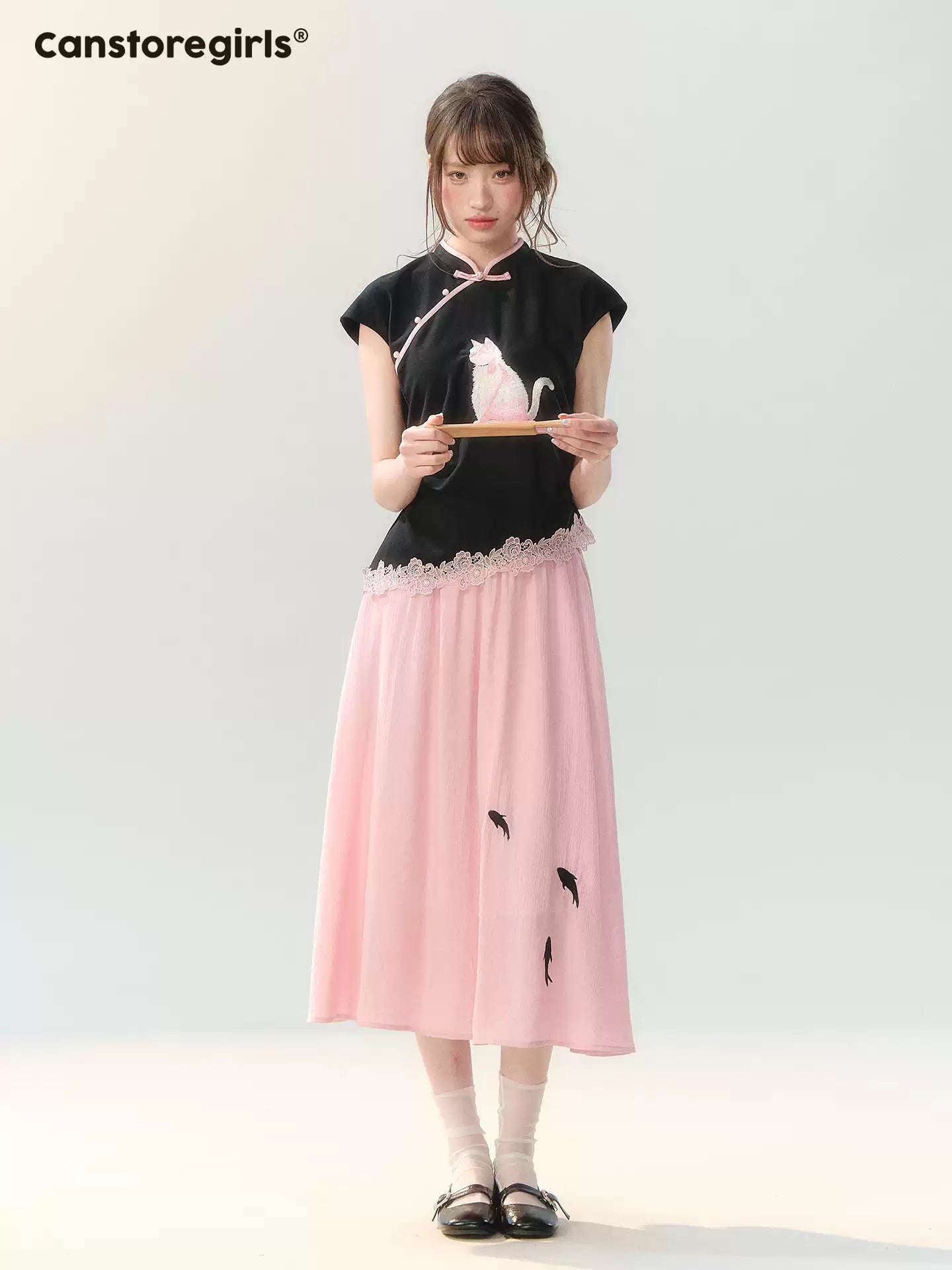 "Pink Letter, Cat’s Silhouette" New Chinese Embroidered Skirt Set SH2026223