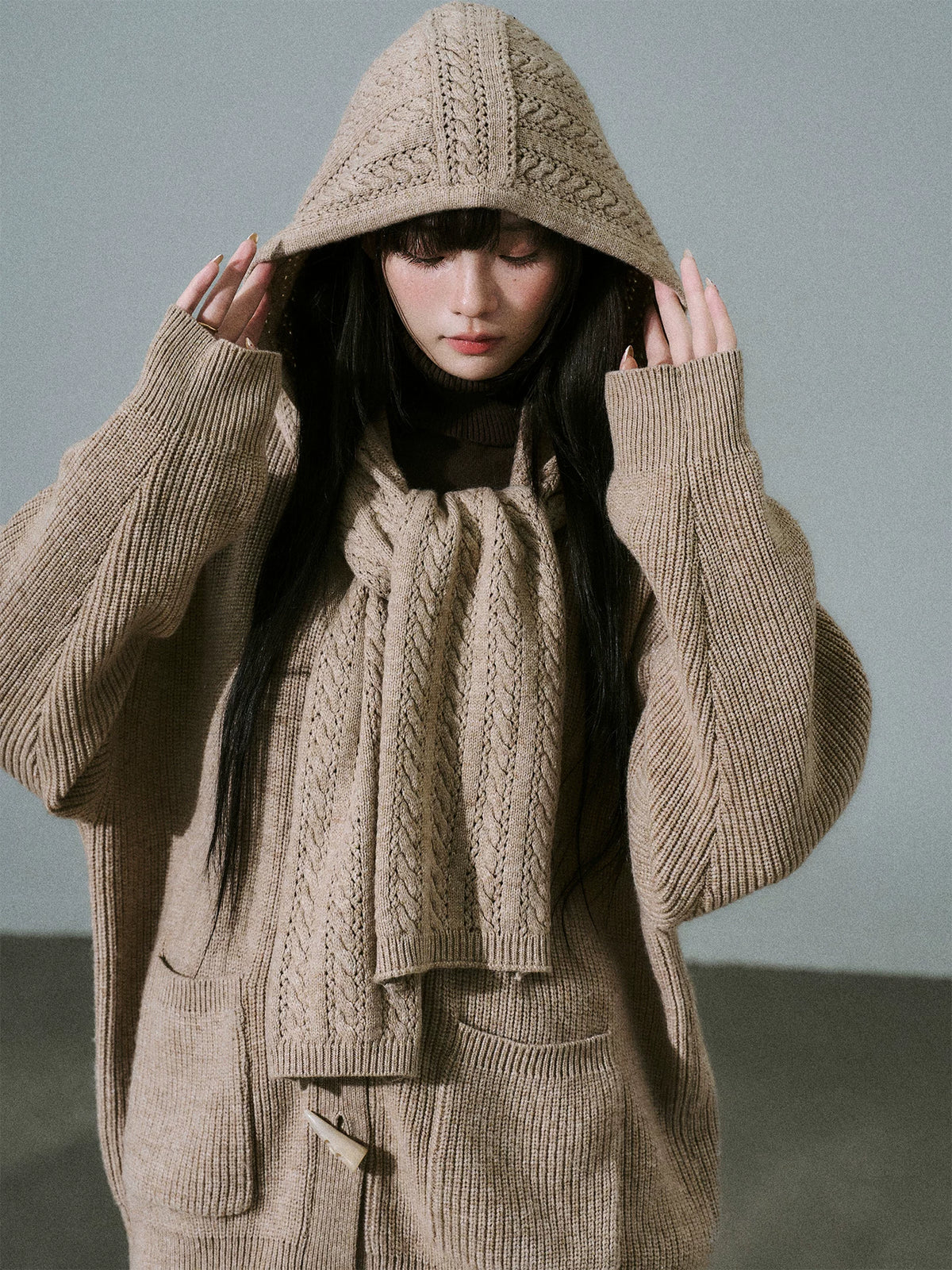 LOST FOREST - Tea Brown Wool-Blend Hooded Scarf Cardigan Set