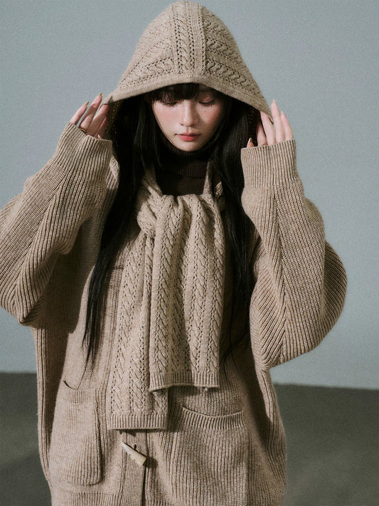 LOST FOREST - Tea Brown Wool-Blend Hooded Scarf Cardigan Set