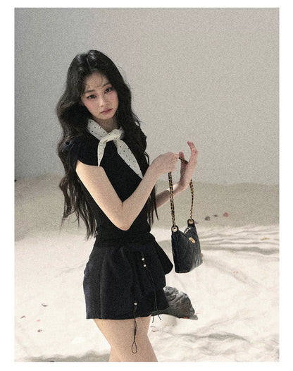 "Flowing Starlight" Tranquil Black Polka Dot Bow Puff Sleeve Top 536434545